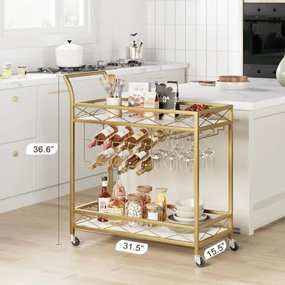 Gold 2 Tier Bar Cart with Wheels Wine Glass Bottle Rack Living Dining Room Kitchen Noble Appearance Push Handle Easy Assemble