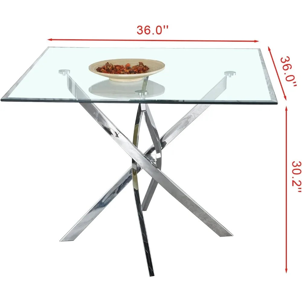 Mesa de comedor cuadrada de vidrio con tablero de vidrio templado y patas de acero inoxidable, mesa de cocina cuadrada de vidrio moderna de 36"