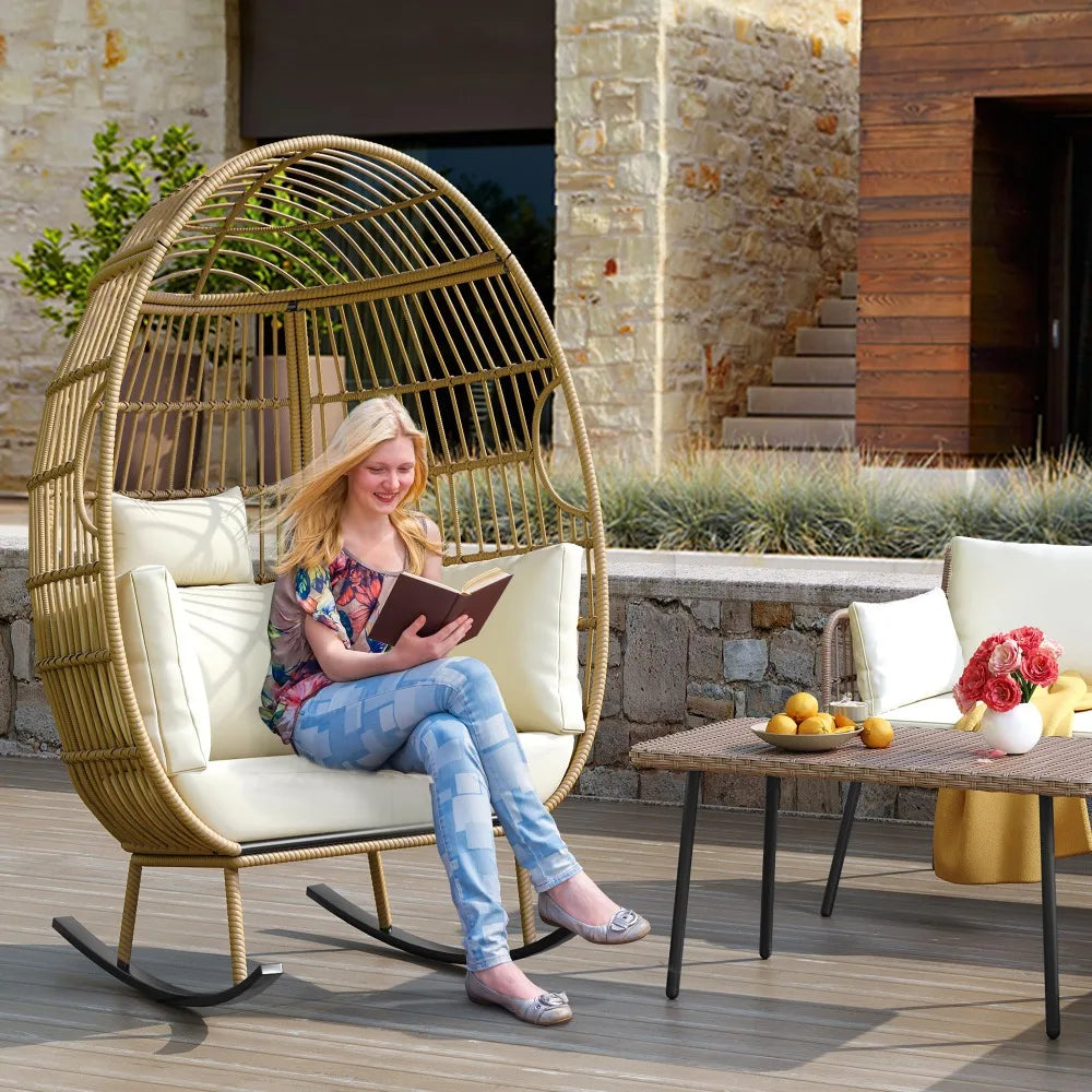 2024 New Outdoor Rocking Egg Chair, Wicker Patio Rocking Basket Chair with 370lbs Capacity,  for Indoor Living Room