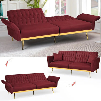 Canapé-lit futon en velours de 70 po avec dossiers et accoudoirs réglables, canapé-lit futon convertible avec deux oreillers, lit-lit capitonné