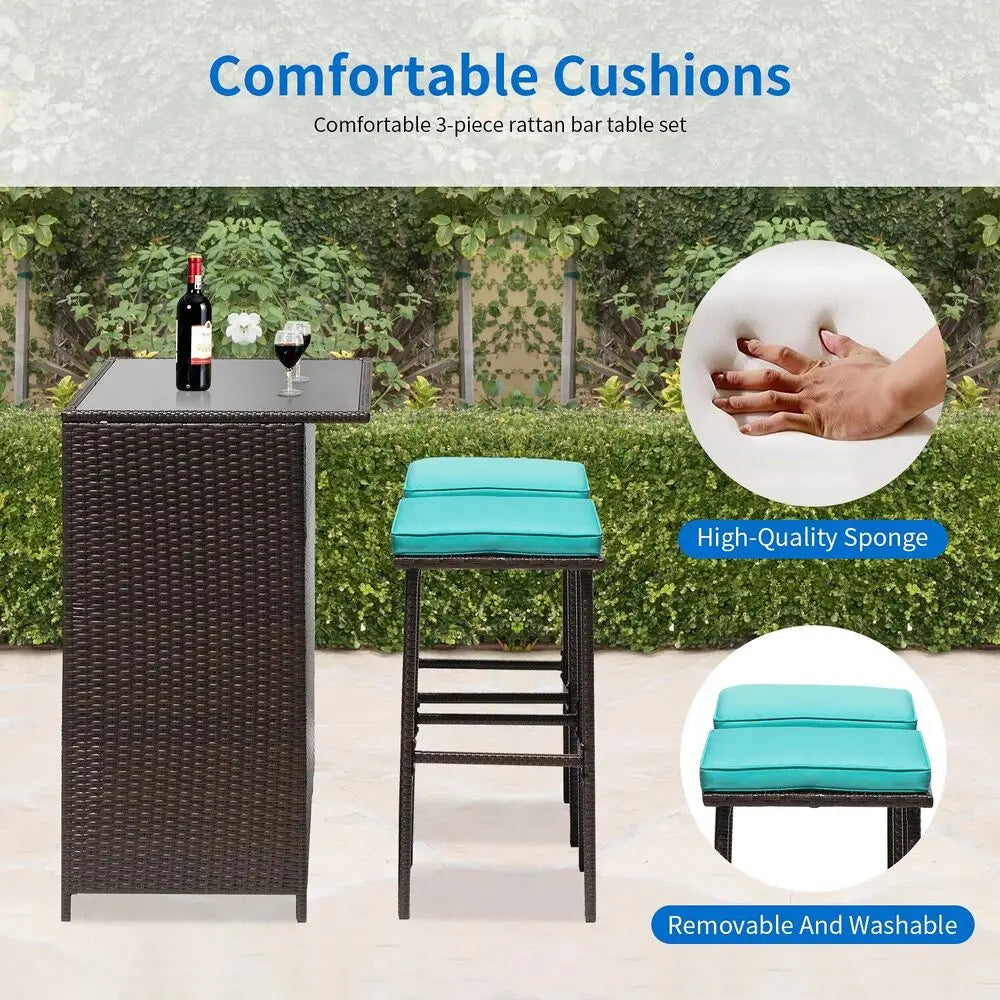 3PCS Patio Bar Set Outdoor Furniture Set Wicker Bistro Set with Two Stools for