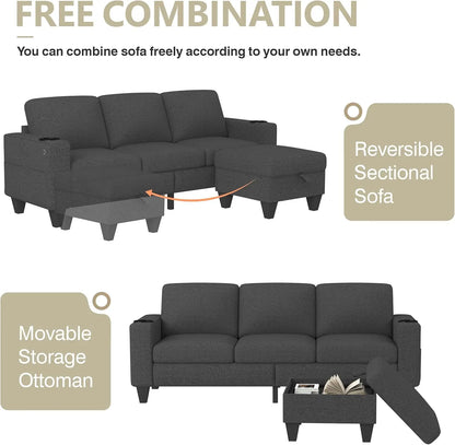 L Shape Sectional Sofa Couch with USB & Type-C Charge Port and Cup Holders,Modern Linen Sofa Set with Storage Ottoman & Pockets