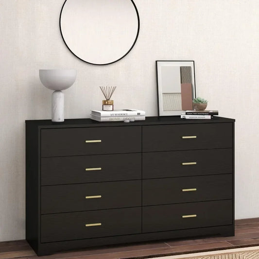 8 Drawer Wood Lateral Dresser, Big Wide Chest of Drawers Storage Organizer with Metal Gold Handles Home Bedroom (Black)