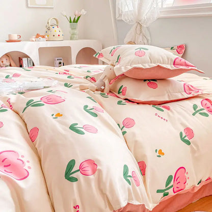 Ins Style Bedding Set Floral Hot Sale Single Full Queen Size Duvet Cover Kit No Filling Flat Sheet Pillowcases Cute Bed Linen