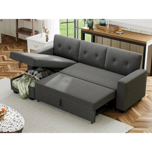 Sofa Bed Reversible Convertible Sleeper Pull Out Couches with Storage Chaise, Linen Fabric Furniture for Living Room, Apartment