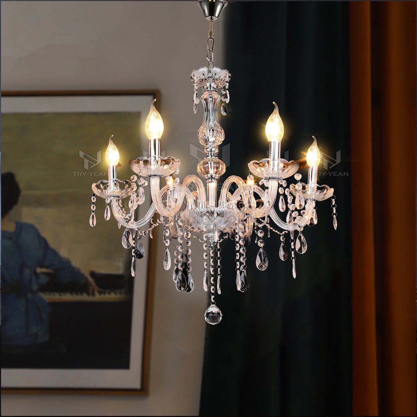 TRY-YEAN Transparent Cognac Crystal Glass 6 Arms Chandelier Glass Living Room Bedroom Dining Room Hanging Lamp Lobby Suspension