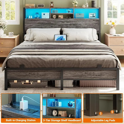 Queen Size Headboard with Outlets, USB Ports and LED Light and Storage, Height Adjustable, Headboard for Queen Size Bed Frame