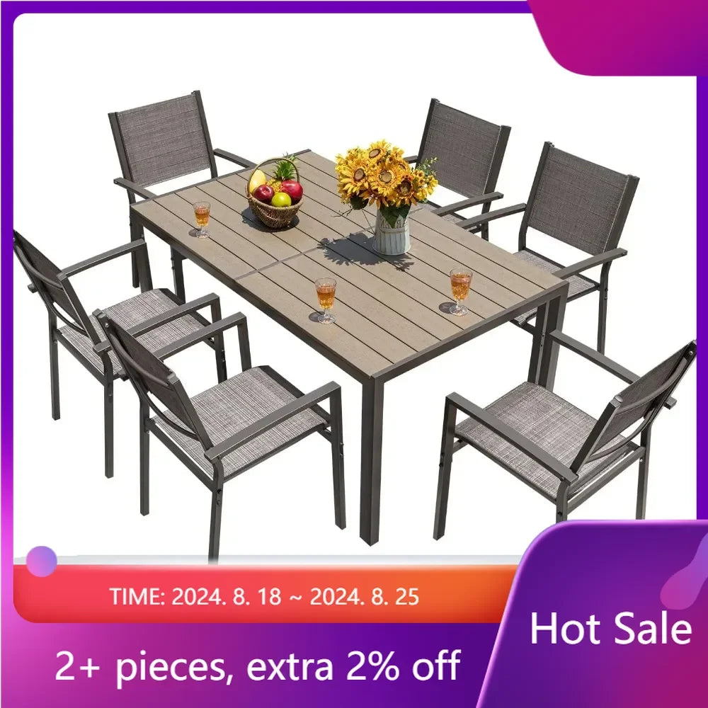 7 Pieces Patio Dining Set Outdoor Furniture with 6 Stackable Textilene Chairs and Large Table for Yard, Garden, Porch , Grey