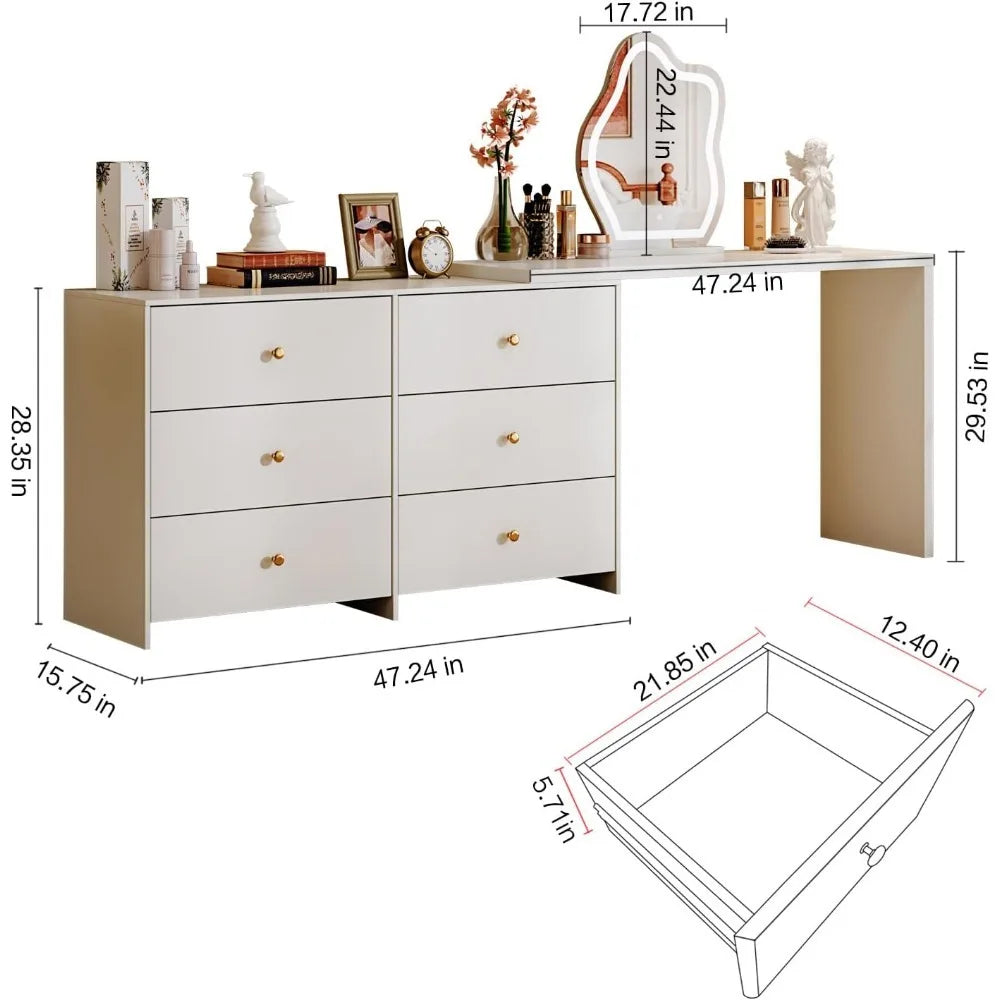 Coiffeuse d'angle blanche moderne avec miroir LED et 6 tiroirs spacieux, meuble de toilette, commode pour chambre à coucher