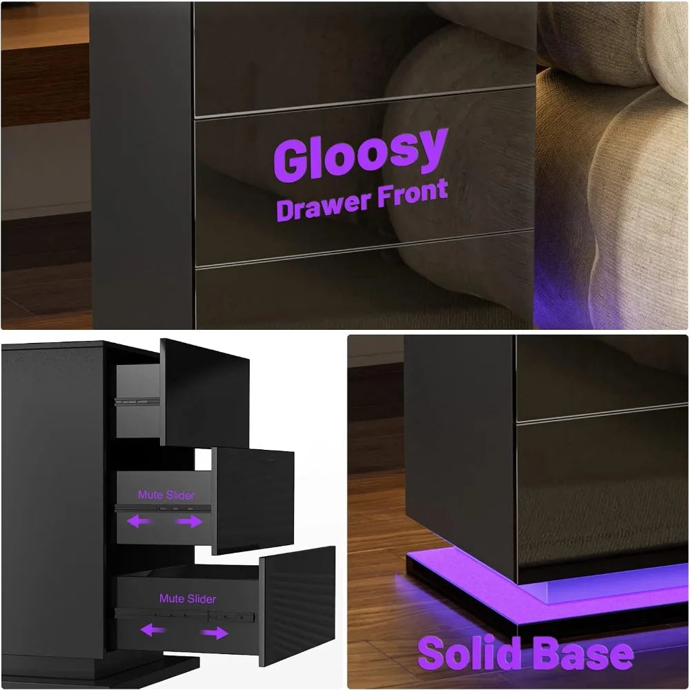 LED Nightstand Set of 2 with 3 Drawers, I Flapping Top Box for Bedroom, Living Room, High Gloss Panel Modern LED Nightstand