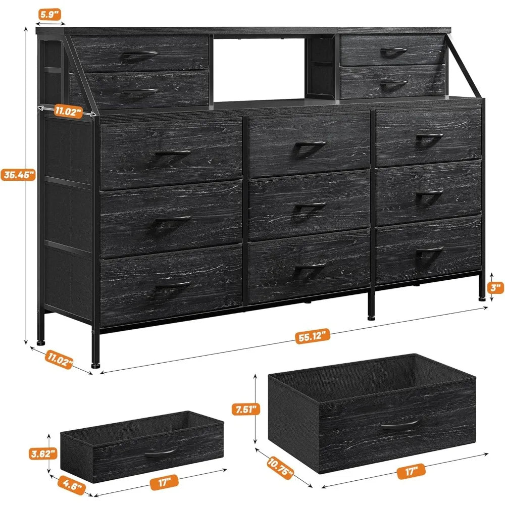 Cómoda negra de 55" de ancho, cómoda para dormitorio, cómoda con 13 cajones grandes, cómoda larga para armario con 2 estantes