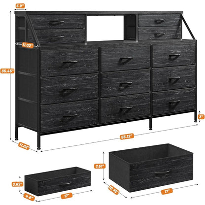 Commode noire de 55 po de largeur, commode pour chambre à coucher, commode avec 13 grands tiroirs, commode longue pour placard avec 2 étagères