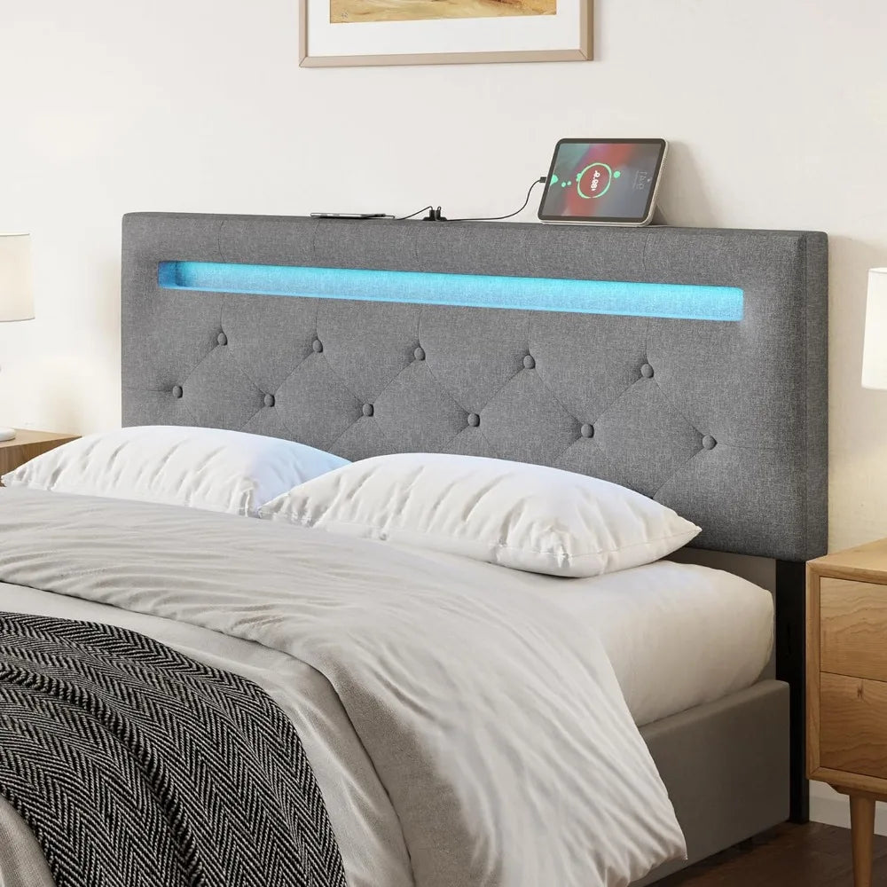 Têtes de lit pour lit queen size avec éclairage LED et port USB, rembourrées en tissu de lin à hauteur réglable