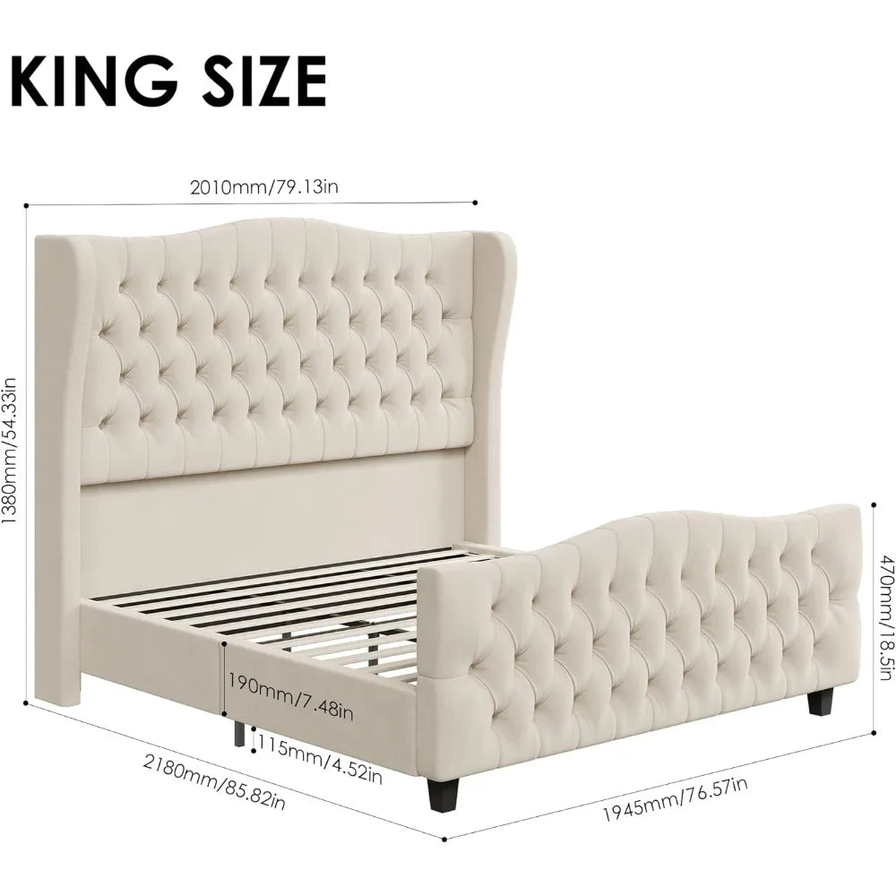 Cadre de lit king size avec tête de lit et pied de lit capitonnés en velours, aucun sommier nécessaire, cadre de lit king size