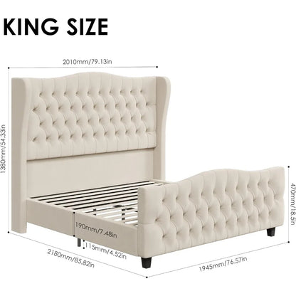 Cadre de lit king size avec tête de lit et pied de lit capitonnés en velours, aucun sommier nécessaire, cadre de lit king size