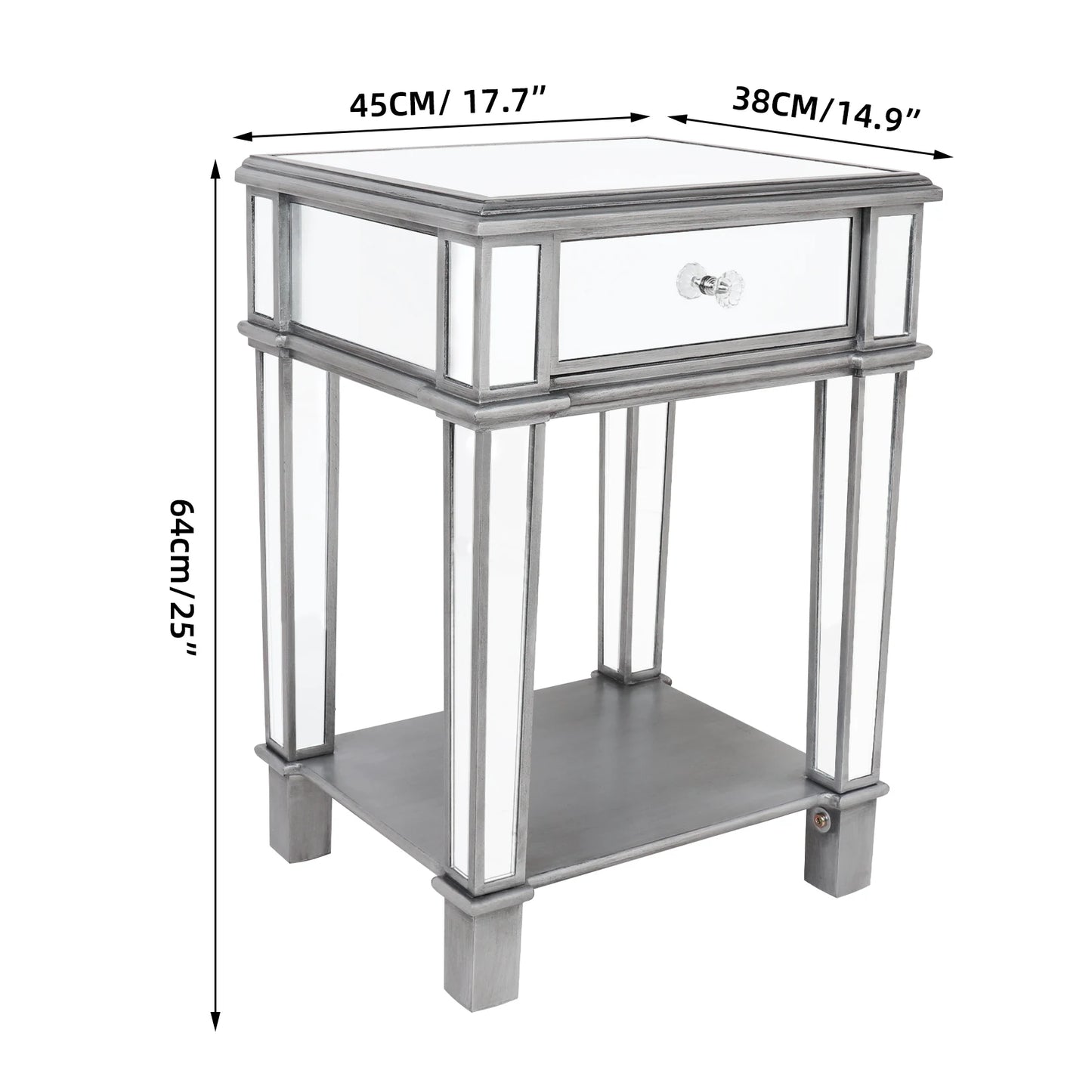 Table de chevet robuste en miroir, table de chevet moderne, 1 tiroir, table d'appoint en verre, commode argentée pour chambre à coucher