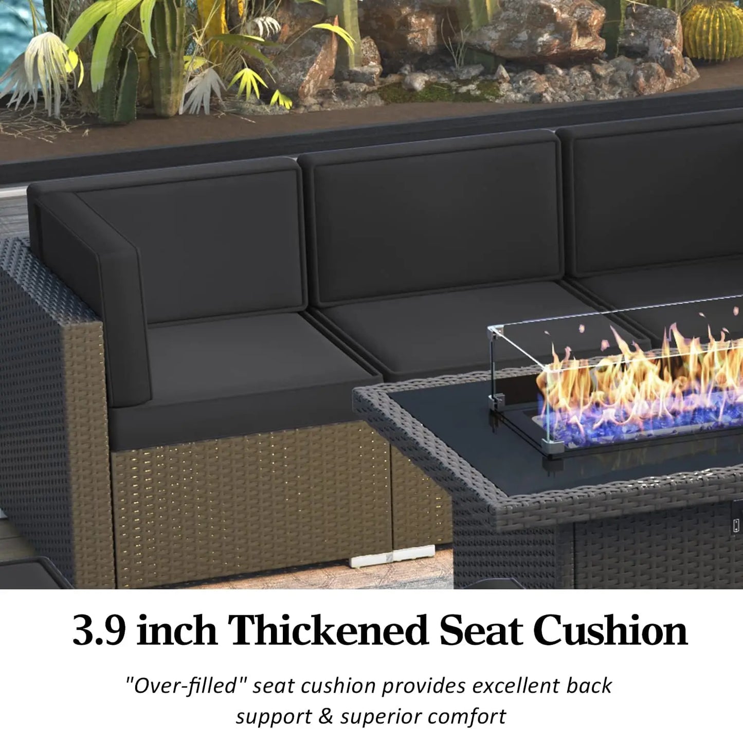 8 Piece Patio Furniture Set with 44" Propane Gas Fire Pit Table, Set Wicker Rattan Sofa Set and Coffee Table Rattan Möbel