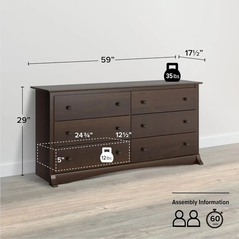 Fremont Bedroom Furniture: Espresso Double Dresser for Bedroom, 6-Drawer Wide Chest of Drawers, Traditional Bedroom Dresser