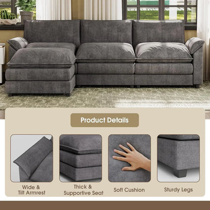 119” Modular Oversized Sectional Sofa,Modern Wide Arm L-Shaped Couch,Deep Seat & Reversible Ottoman,Sleeper Sofa Chenille Fabric