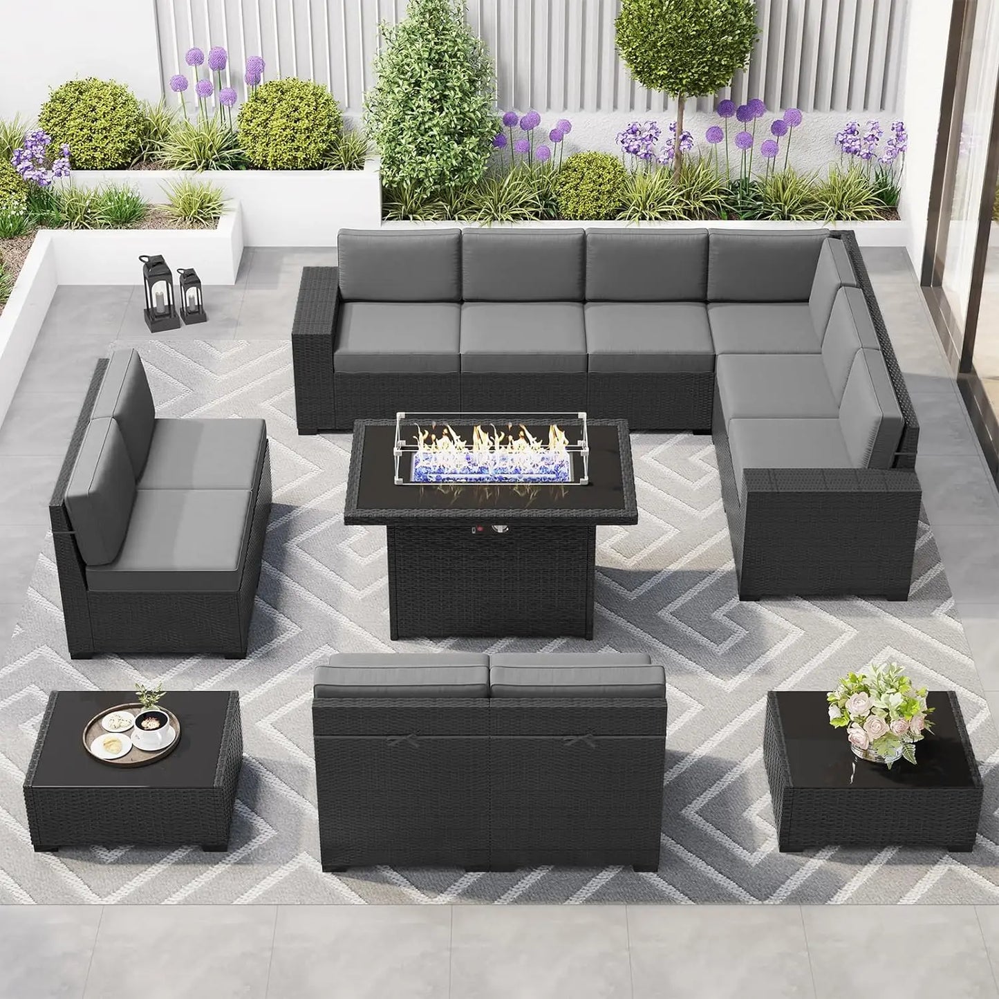 8 Piece Patio Furniture Set with 44" Propane Gas Fire Pit Table, Set Wicker Rattan Sofa Set and Coffee Table Rattan Möbel