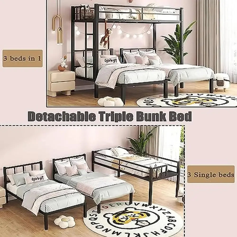 Metal Triple Bunk Beds Kids Teens Space Saver Three Bed Bunk Beds Can Separate into 3 Twin Beds Full-Length Guardrails Sturdy