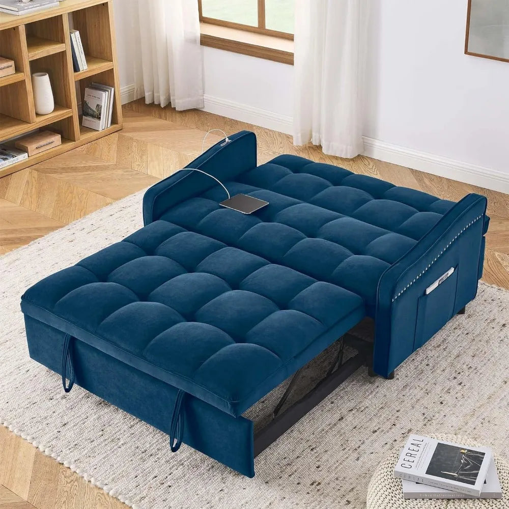 3 in 1 Sleeper Sofa Couch Bed with USB & Type C Port, 52" Small Modern Convertible Tufted Velvet Loveseat Sofa w/Pull Out Bed