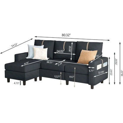 Convertible sectional sofa, modern linen L   shaped sofa with reversible ottoman and storage bag for living room, apartment,