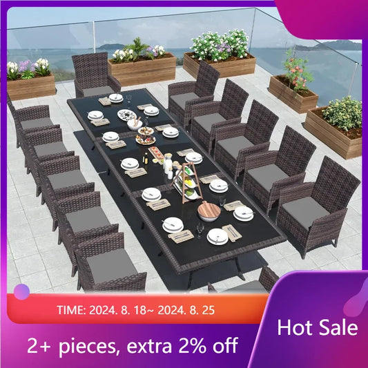 Wicker Patio Furniture Set of 12 Rattan Chairs With Soft Cushions and Two Square Table With Umbrella Cutout Dining Room Sets