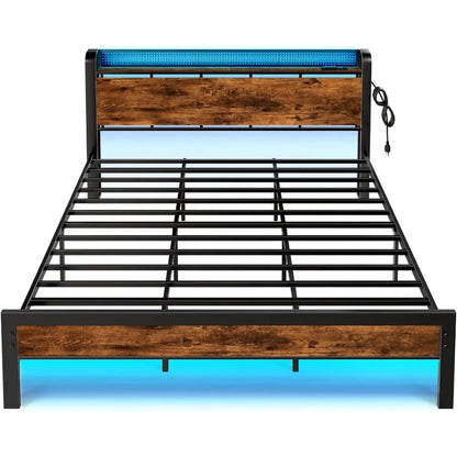 Cadre de lit king size avec éclairage LED, étagère de rangement industrielle, tête de lit avec prise de courant et port USB, meubles de chambre