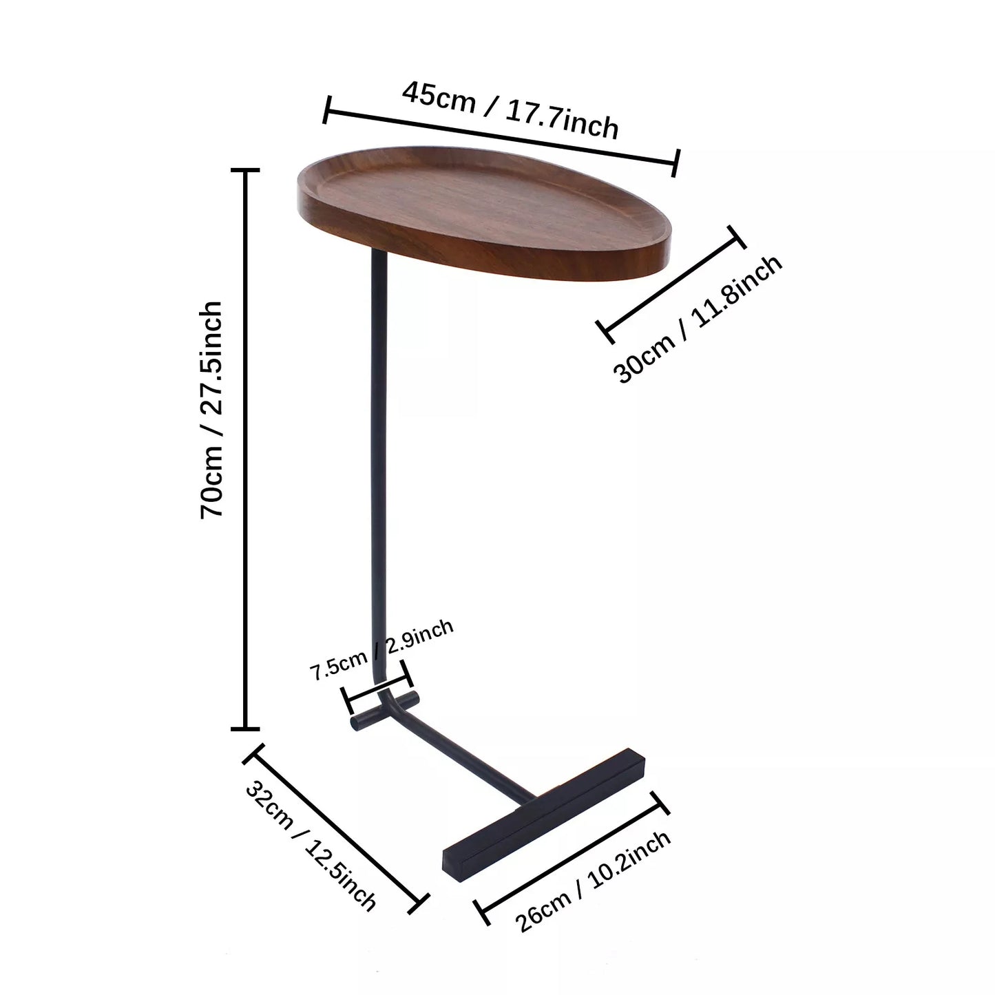 Coffee Table - Walnut + Black Frame - 45x30x70cm Small Side Table Narrow C-shaped side table for sofa, loveseat and bedroom