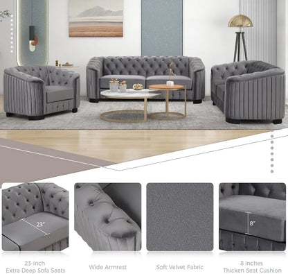 Piece Living Room Furniture, Velvet Upholstered Couches Sets Including Three, Loveseat and Single Chair，Modern 1+2+3 Seat Sofa