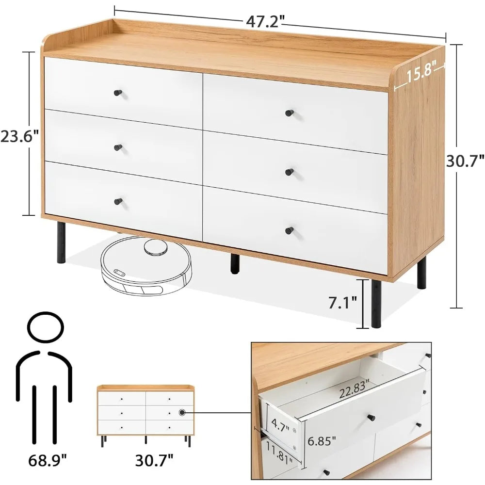 MAISONPEX Dresser for Bedroom with 6 Drawers and Metal Handle,Sturdy Frame Modern Bedroom Furniture, Chest of Drawers, White Dre