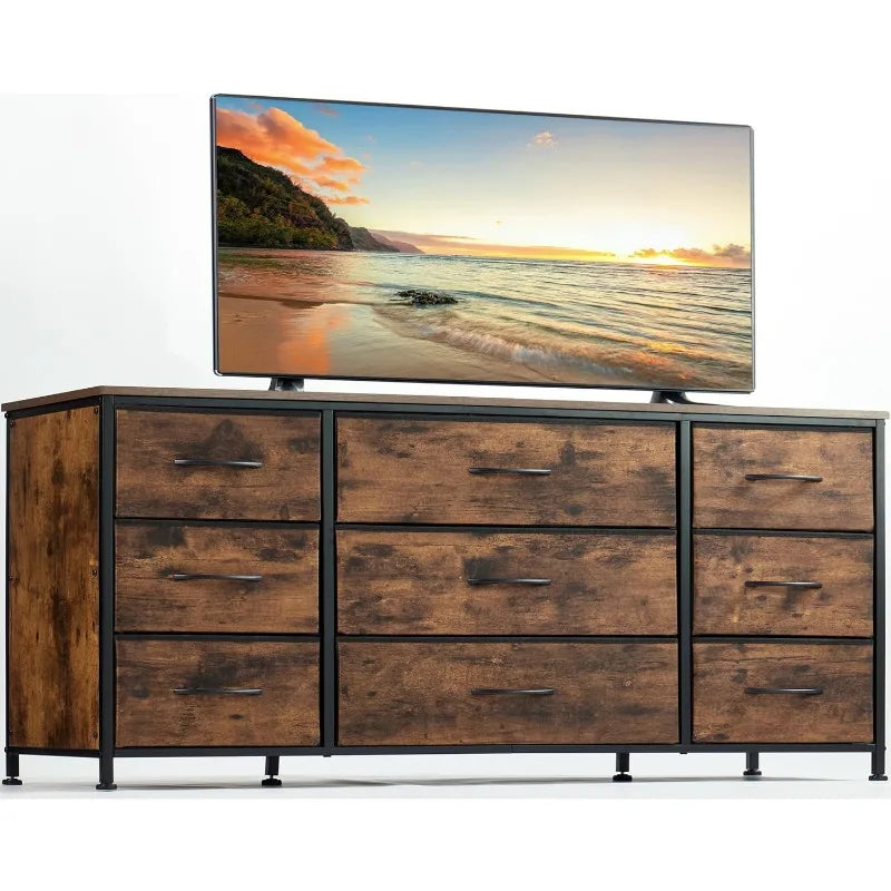 Mueble de TV con cajones, centro de entretenimiento con 9 cajones, mesa consola multimedia para consola de TV de 60 '' para dormitorio, resistente