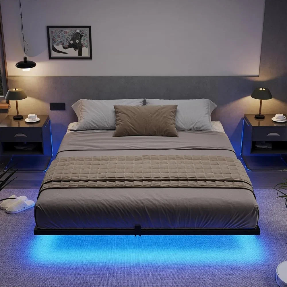 Cadre de lit flottant pleine grandeur avec lumières LED, plate-forme en métal pour lit double avec lattes en acier robustes et 4 butées coulissantes pour matelas