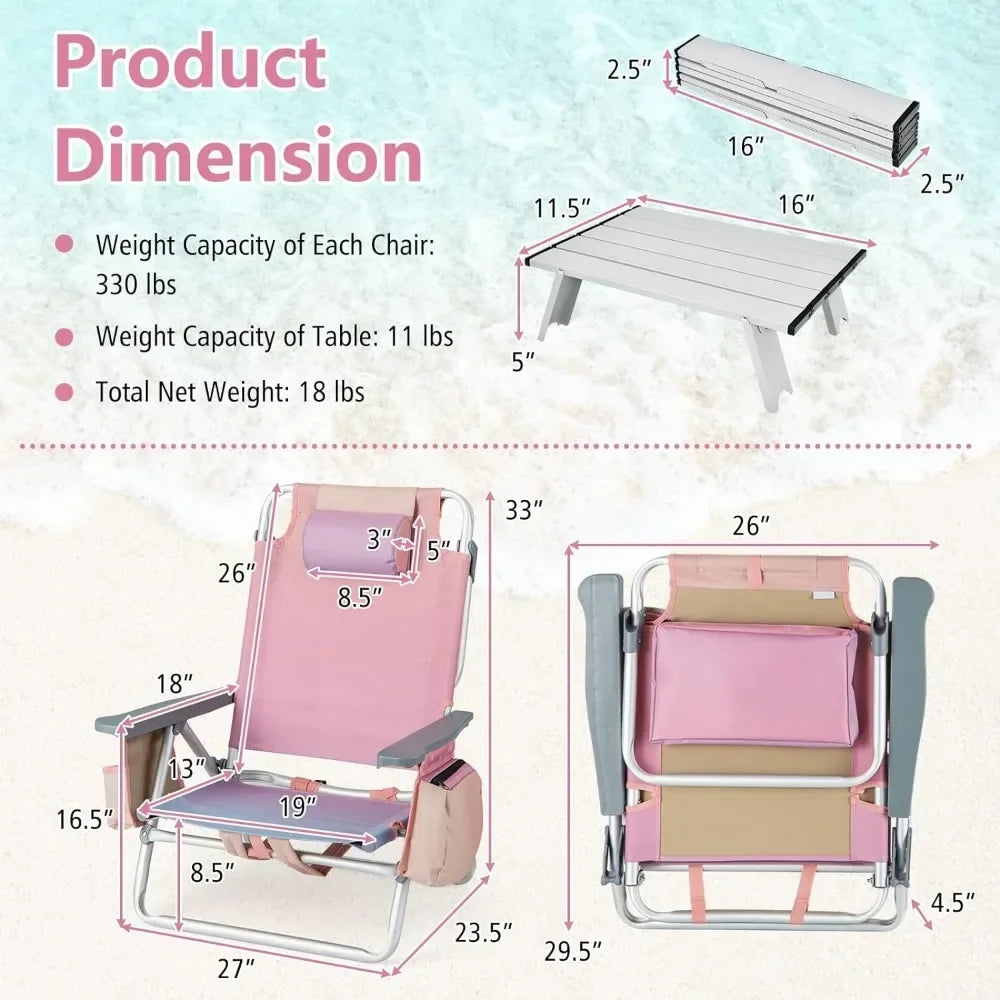 Lot de 2 chaises de plage, chaises de bain de soleil avec 5 positions réglables, chaises de sac à dos de pêche pliantes