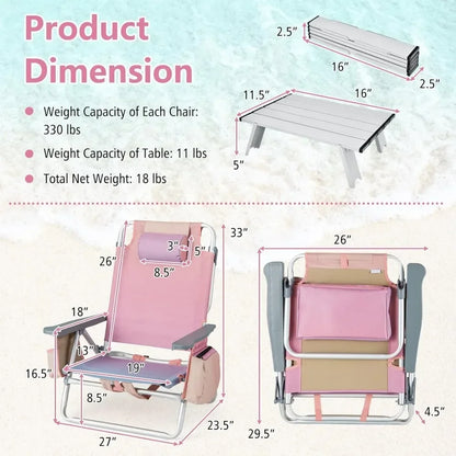 Lot de 2 chaises de plage, chaises de bain de soleil avec 5 positions réglables, chaises de sac à dos de pêche pliantes