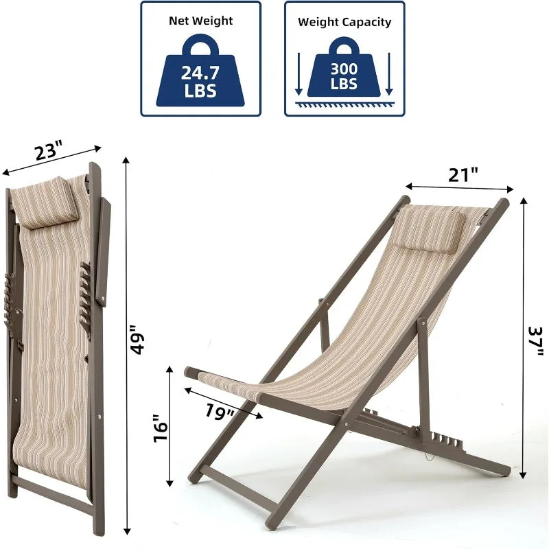 Sillas de exterior para patio, juego de 2 sillas de salón plegables de aluminio portátiles, reclinables, ajustables para playa y césped