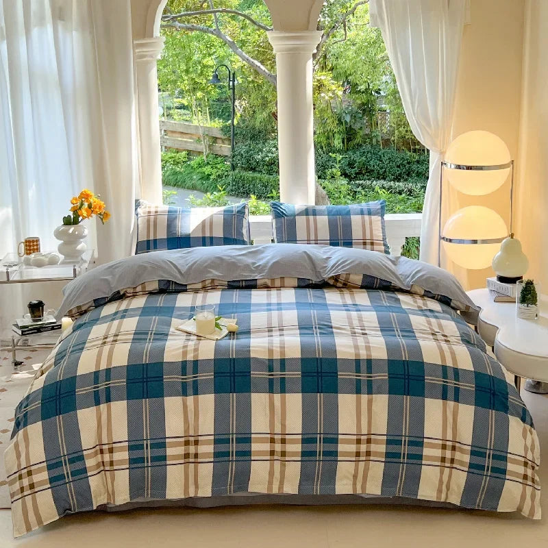 Check Pattern Gentleman Plaid Printed Bedding Set Floral Duvet Cover Pillowcase Set Bed Sheet Quilt Cover Single Queen King Size