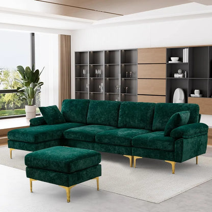 U-Shaped Sectional Sofa Couch,Sofa Set for Living Room,Convertible Velvet Couch Set with Chaise Lounge,Ottoman and Pillows