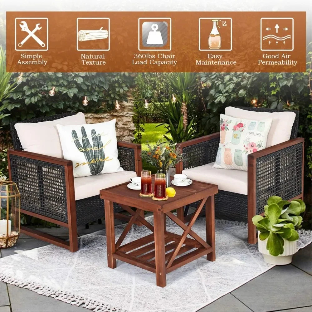 3 Pieces Patio Wicker Furniture Set, Rattan Outdoor Sofa Set w/Washable Cushion & Acacia Wood Coffee Table, for Garden Backyard