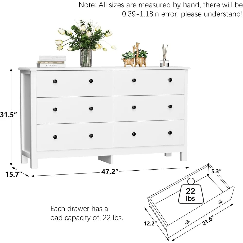 White Dresser, Modern 6 Drawer Double Dresser for Bedroom Adults & Kids with Black Pulls, Wide Dressers & Chests of Drawers