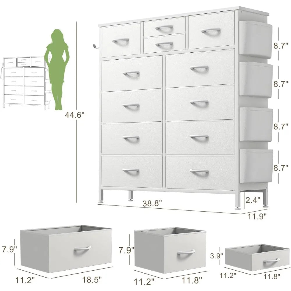 Dresser for Bedroom with 12 Drawers Chest of Drawers with Side Pockets and Hooks PU Fabric Dresser Drawers for Hallway, Entryway