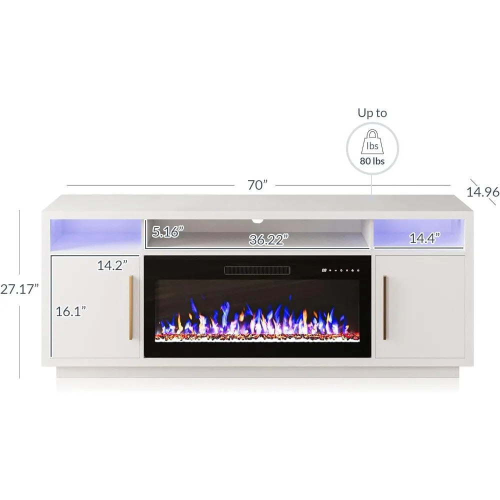 Meuble TV avec cheminée de 70 po pour téléviseurs jusqu'à 75 po, centre de divertissement à éclairage LED avec radiateur de cheminée électrique de 36 po, armoire de rangement