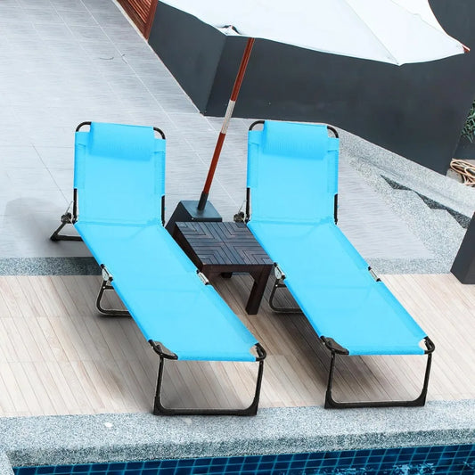 Outdoor Sunbathing Chair, 2 Pack Foldable Beach Chair with Pillow 5 Position Recline, Blue Back Breathable Mesh Pool Chair