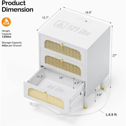 Mesita de noche, mesita de noche de ratán con estación de carga, mesita de noche blanca con 3 cajones para dormitorio, estilo boho moderno de mediados de siglo