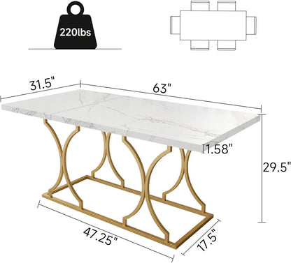 Table à manger de luxe de 63 pouces Table de salle à manger de cuisine Table à manger rectangulaire moderne en marbre blanc avec cadre en métal doré pour 6 personnes