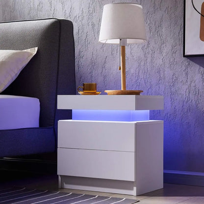 Juego de 2 mesitas de noche LED con 2 cajones, mesita de noche con cajones para muebles de dormitorio, mesa de noche auxiliar con luz LED, color blanco