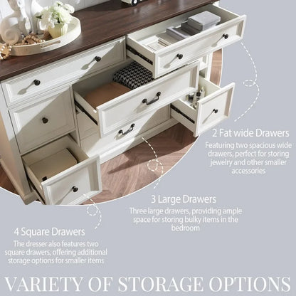 9 Drawers Dresser for Bedroom, 60" Wide Wood Rustic Chest of Drawers, Large Storage Dressers Organizer for Bedroom, White