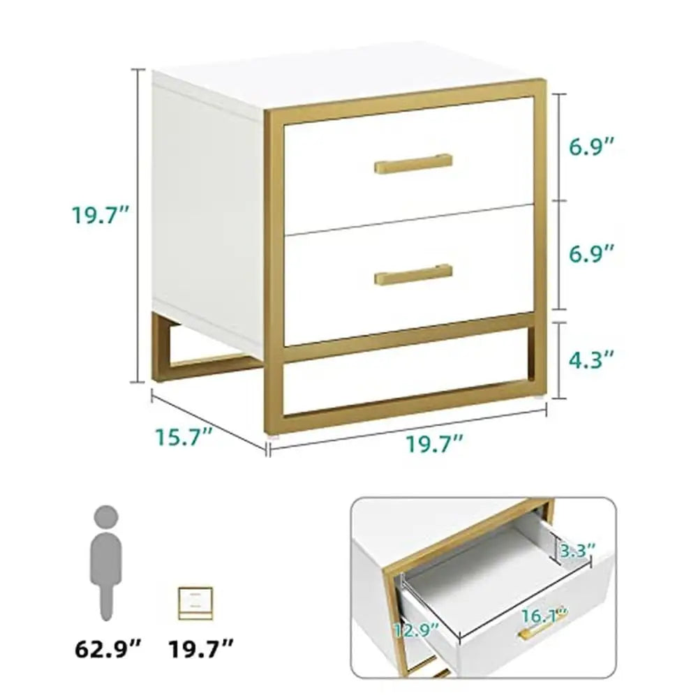 Table de chevet avec 2 tiroirs Table d'appoint moderne Cadre en métal Table d'appoint de rangement Blanc