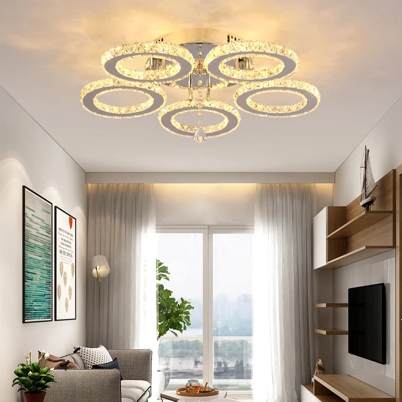 Modern K9 Led Crystal Ceiling Lamp Smart Chandelier Pendant Light Ring Chrome Plafonier Fixture Dining Living Room Decor Luxury